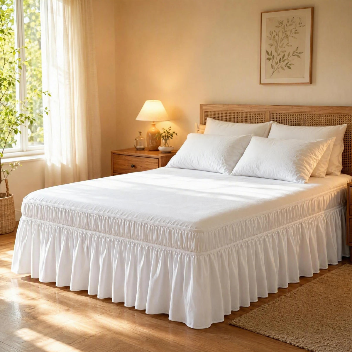 Juwenin Home Wrap Around Ruffle Bed Skirt, 16 Inch Drop, Elastic Fit, Wrinkle Resistant, Hotel Quality Bedskirt Dust Ruffle (White, Queen 16" Drop)