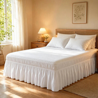 Juwenin Home Wrap Around Ruffle Bed Skirt, 16 Inch Drop, Elastic Fit, Wrinkle Resistant, Hotel Quality Bedskirt Dust Ruffle (White, Queen 16" Drop)