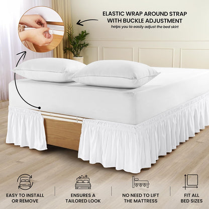 Wrap Around Queen Bed Skirt, Easy Fit Elastic Belt, 16 Inch Drop, White