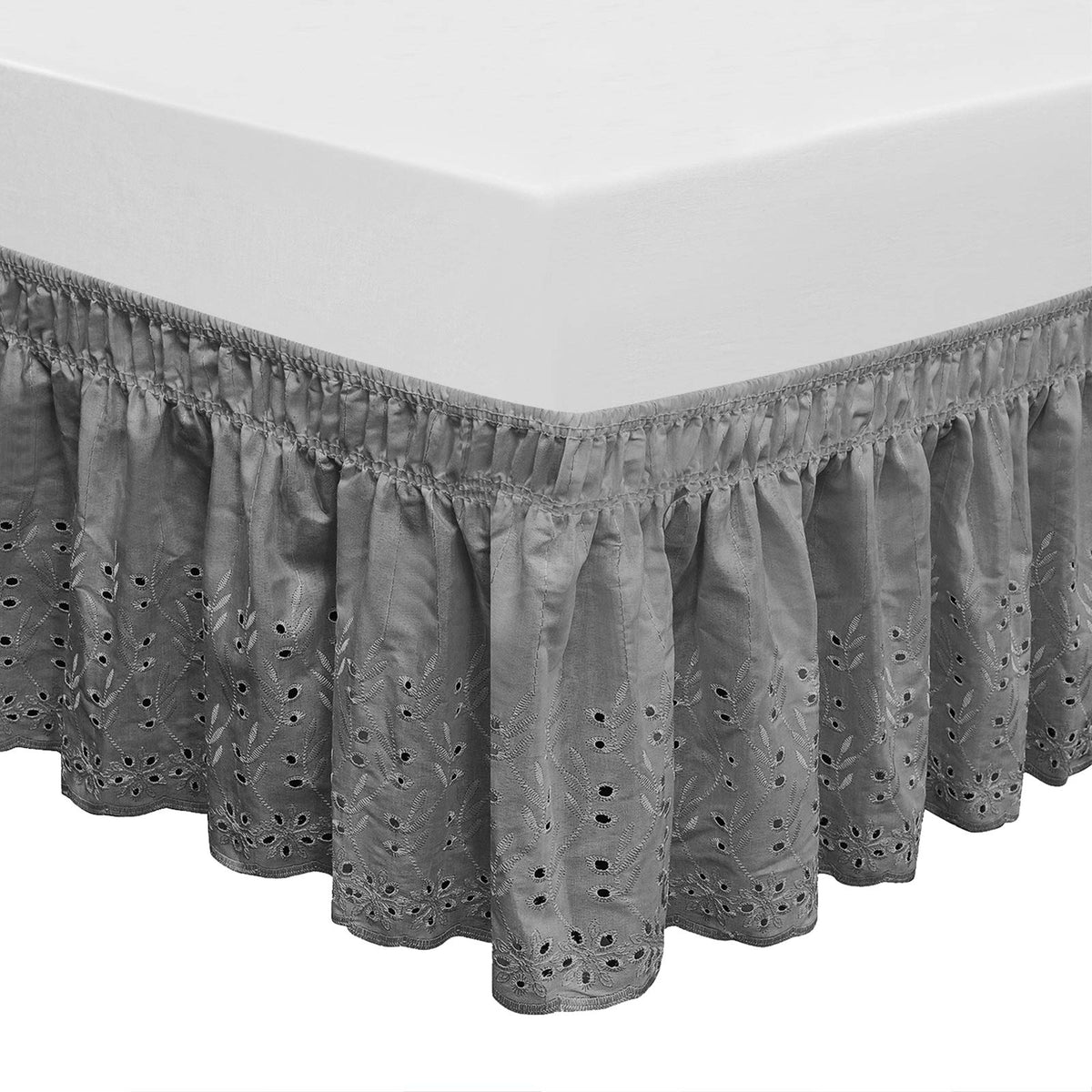 Wrap Around Elastic Eyelet Bed Skirt Dust Ruffle (Ivory, Twin/Full-18 Inch Drop)