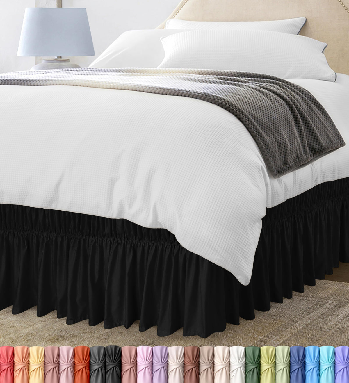 Wrap Around Queen Bed Skirt, Easy Fit Elastic Belt, 16 Inch Drop, White