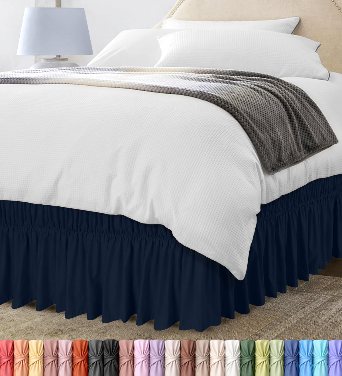 Wrap Around Queen Bed Skirt, Easy Fit Elastic Belt, 16 Inch Drop, White