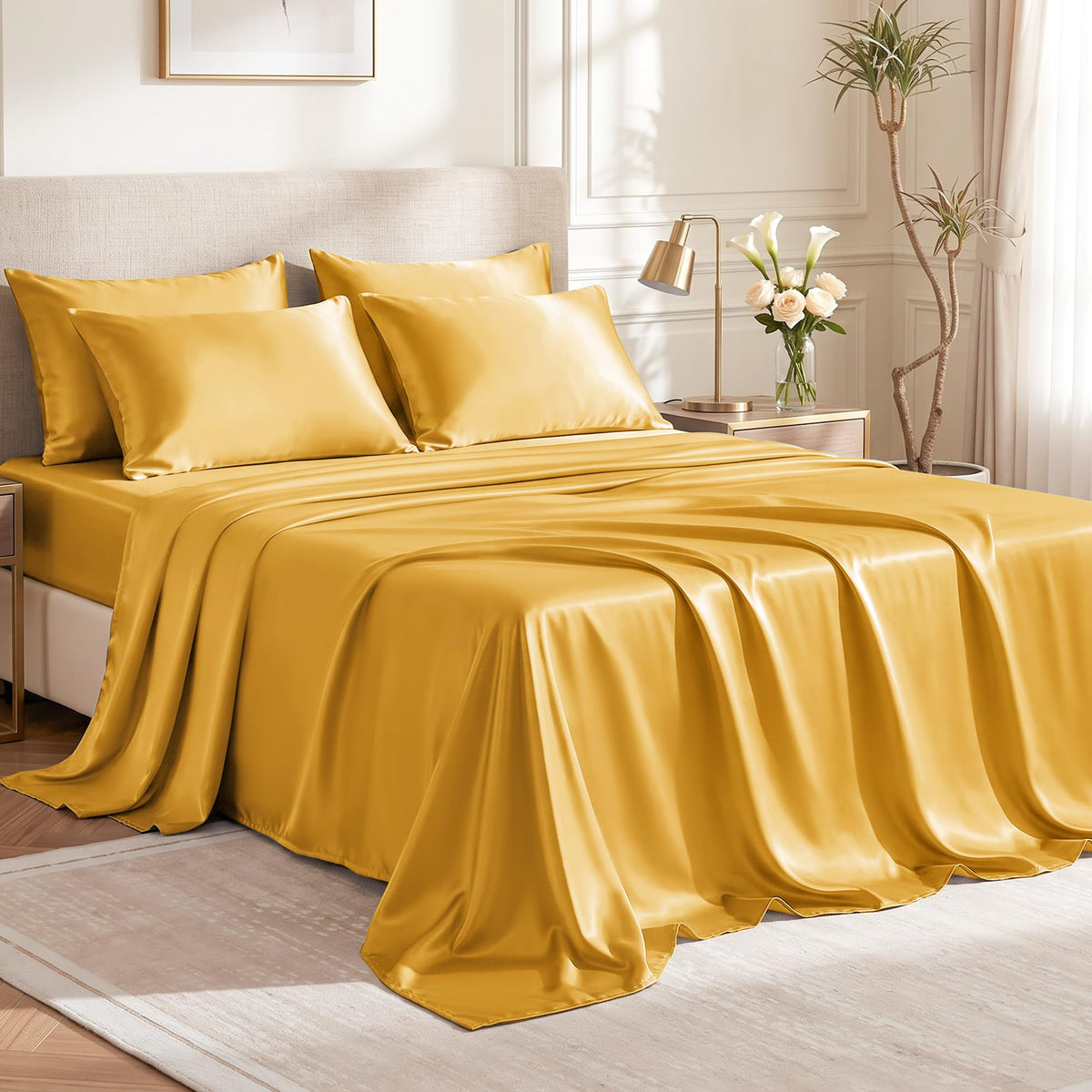 Love's cabin Satin Queen Sheets Set, 4 Pieces, Pink, 15" Deep Pocket