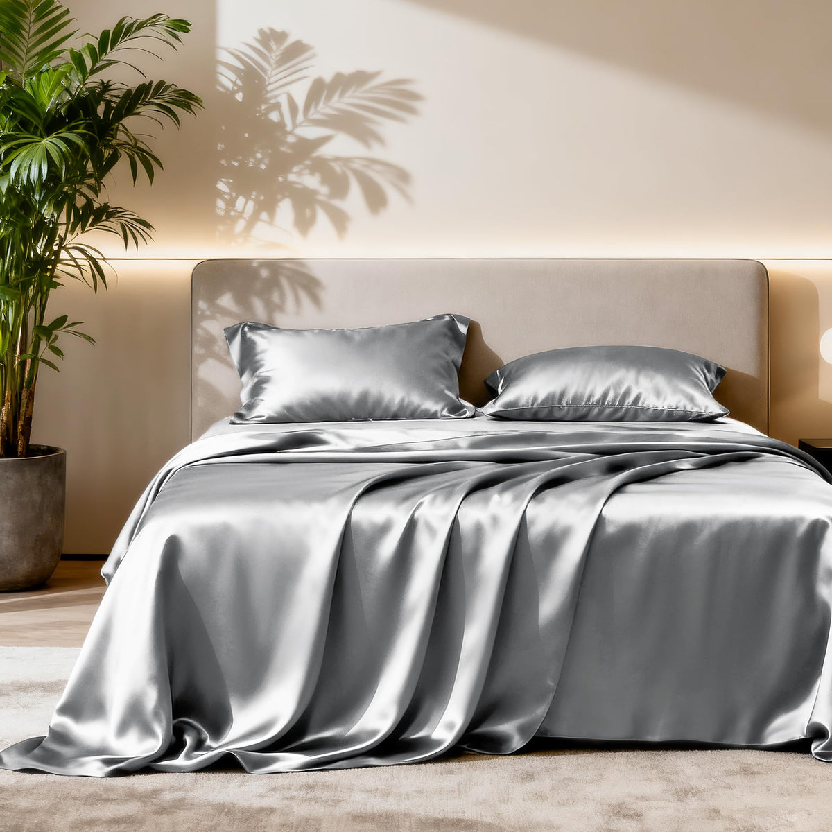 Love's cabin Satin Queen Sheets Set, 4 Pieces, Pink, 15" Deep Pocket