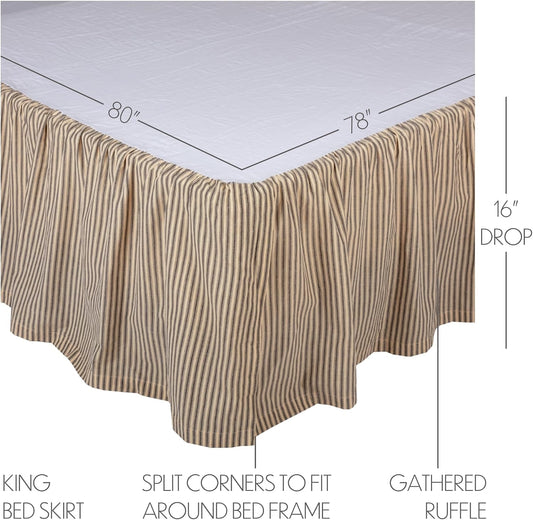 VHC Brands Sawyer Mill Ticking Striped Cotton Farmhouse Split Corners Gathered King Bed Skirt, 78x80x16, Charcoal Dark Creme White