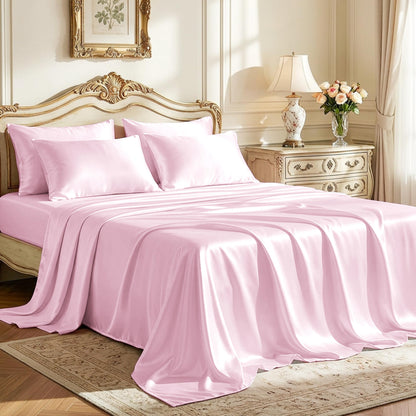 Love's cabin Satin Queen Sheets Set, 4 Pieces, Pink, 15" Deep Pocket