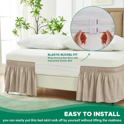 Wrap Around Queen Size Bed Skirt 15" Drop-Elastic Dust Ruffle Light Camel