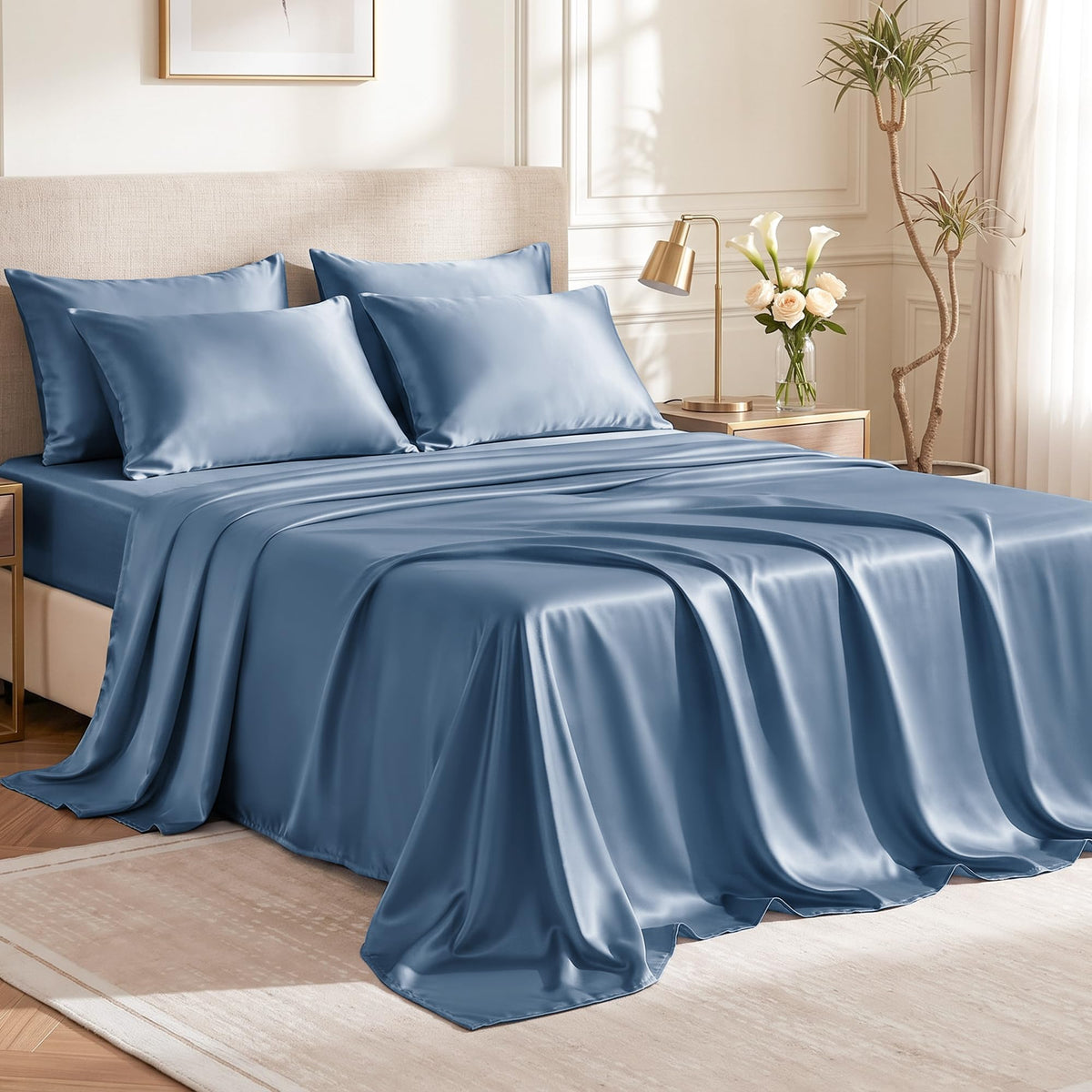 Love's cabin Satin Queen Sheets Set, 4 Pieces, Pink, 15" Deep Pocket
