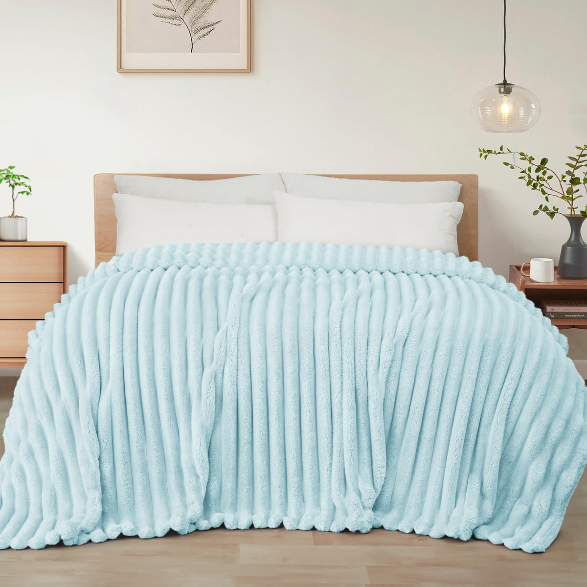 Exclusivo Mezcla Striped Fleece Throw Blanket for Couch, Sofa, Navy Blue