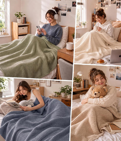 MURT 100% Bamboo Rayon Waffle Weave Twin Blanket for Bed, Cream, 60x80 Inch