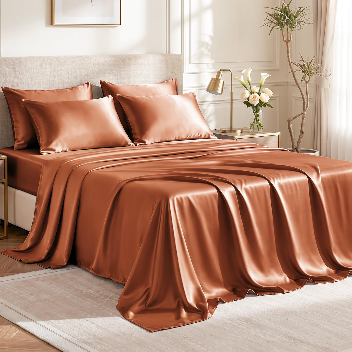 Love's cabin Satin Queen Sheets Set, 4 Pieces, Pink, 15" Deep Pocket