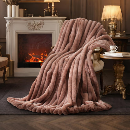 Amélie Home Soft Striped Faux Fur Throw Blanket for Couch, Beige, 55"x70"