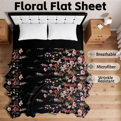 MAG Floral Flat Sheet Queen Size 90" x 100", Black & Pink Flower Printed Top Sheet Only, Soft Microfiber Lightweight for Women, Men, Teens on Bedroom Guest Room.