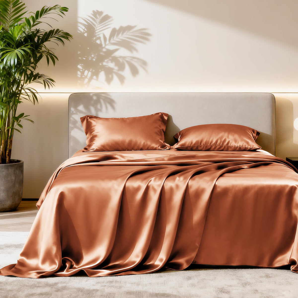 Love's cabin Satin Queen Sheets Set, 4 Pieces, Pink, 15" Deep Pocket