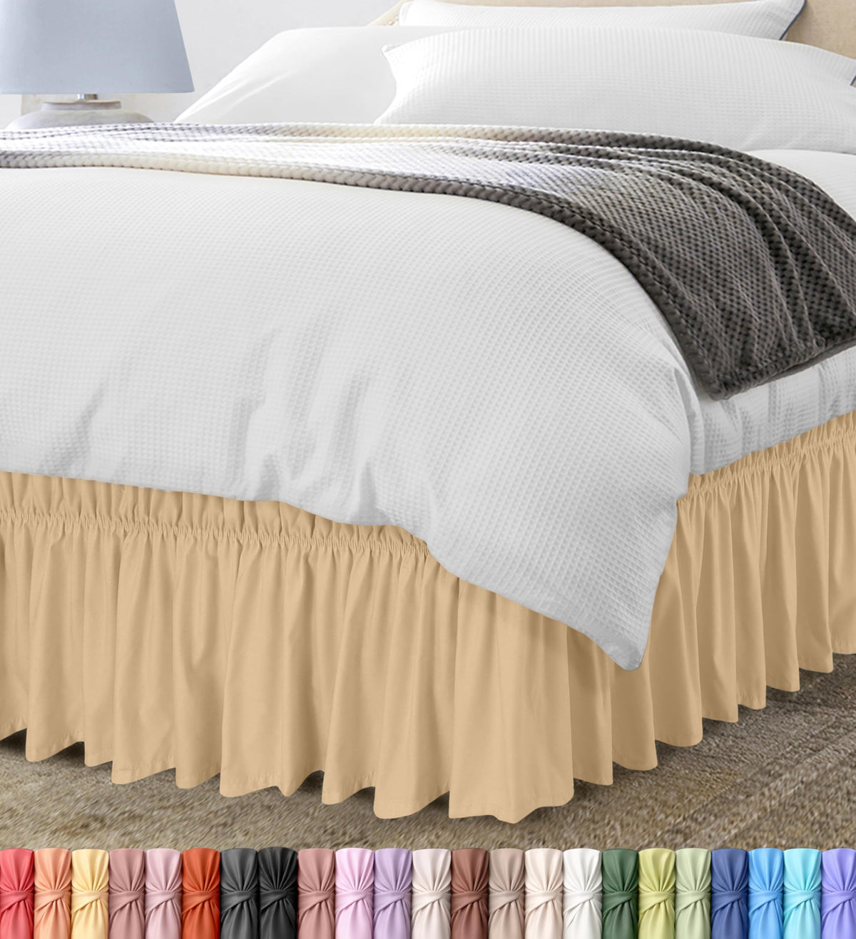 Wrap Around Queen Bed Skirt, Easy Fit Elastic Belt, 16 Inch Drop, White