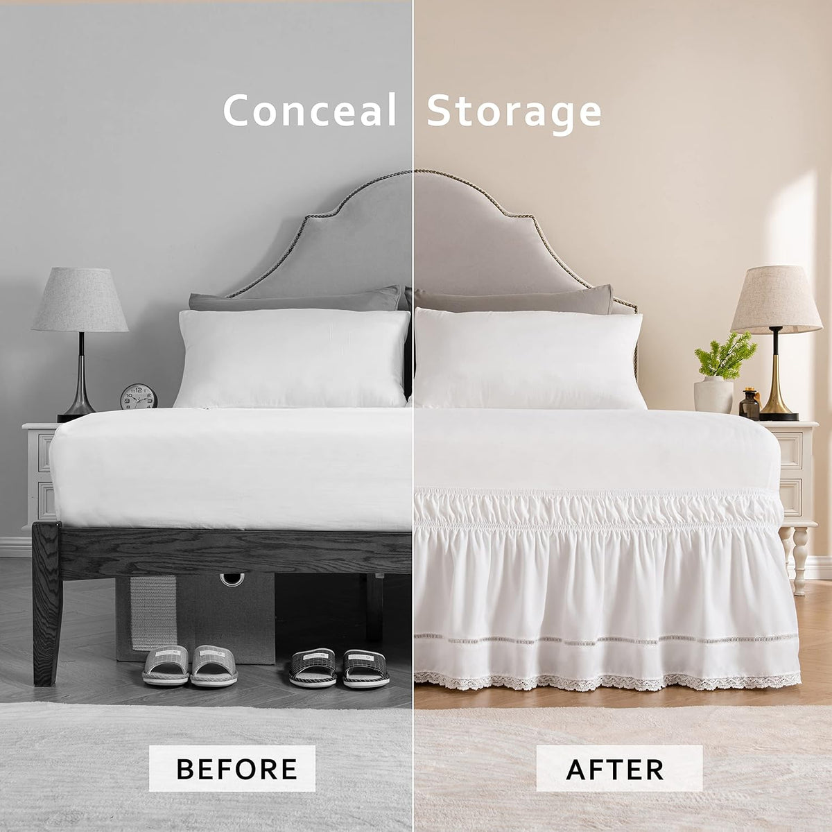 MIYE Wrap Around Ruffled Lace Bed Skirt, Elastic Dust Ruffle with Adjustable Belts, Easy to Put On, Bed Frame Cover, Machine Washable (Floral Lace/White, King/Queen-15 Drop)