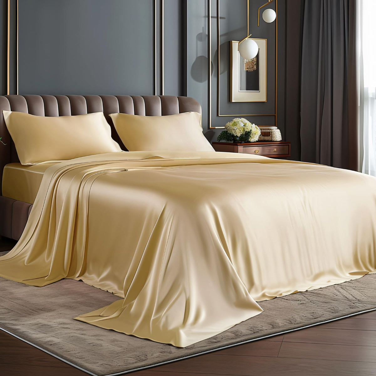 BEDELITE Satin Sheets Queen Size Bed Set, Black, 4 Pieces