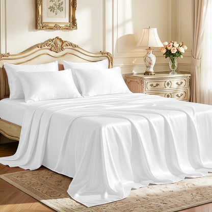Love's cabin Satin Queen Sheets Set, 4 Pieces, Pink, 15" Deep Pocket