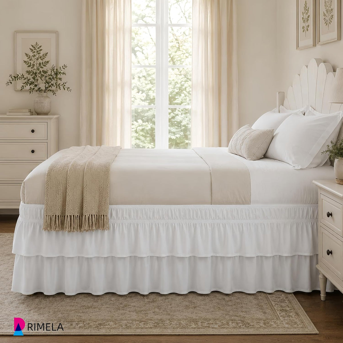 RIMELA Queen Size Ruffle Bed Skirt 16 Inch Drop - White Double Layered Wrap Around Dust Ruffle, Romantic Cute Design Bedskirt with High-Density Fabric, Soft Stretchy, Easy Install for Queen Bed