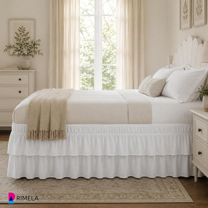 RIMELA Queen Size Ruffle Bed Skirt 16 Inch Drop - White Double Layered Wrap Around Dust Ruffle, Romantic Cute Design Bedskirt with High-Density Fabric, Soft Stretchy, Easy Install for Queen Bed