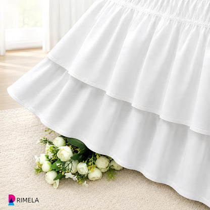 RIMELA Queen Size Ruffle Bed Skirt 16 Inch Drop - White Double Layered Wrap Around Dust Ruffle, Romantic Cute Design Bedskirt with High-Density Fabric, Soft Stretchy, Easy Install for Queen Bed