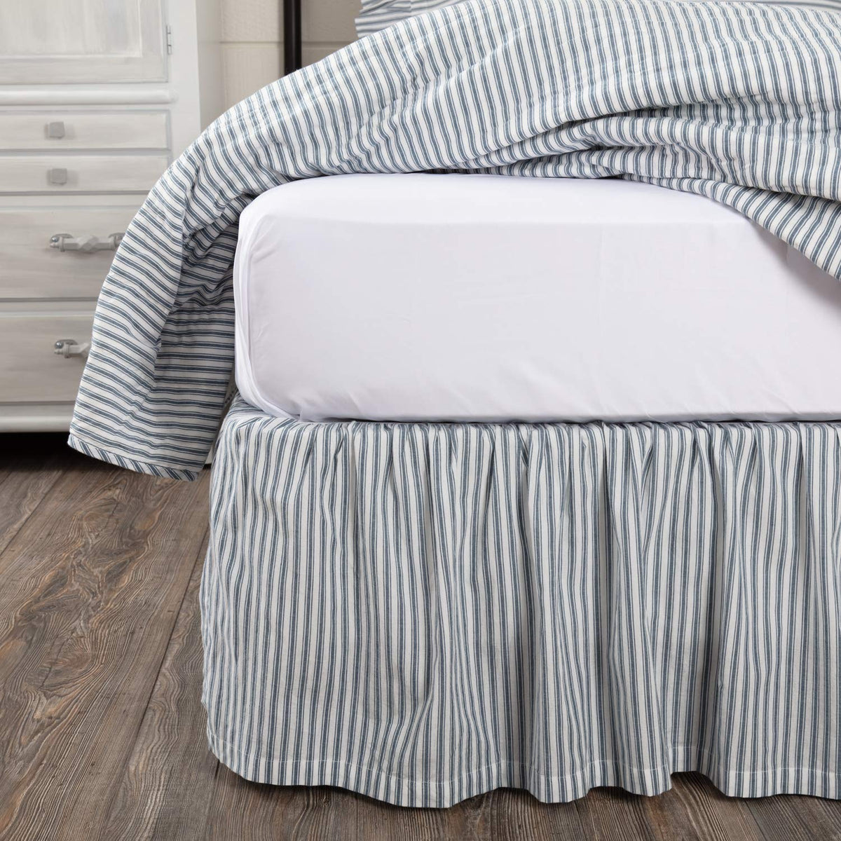 VHC Brands Sawyer Mill Ticking Striped Cotton Farmhouse Split Corners Gathered King Bed Skirt, 78x80x16, Charcoal Dark Creme White