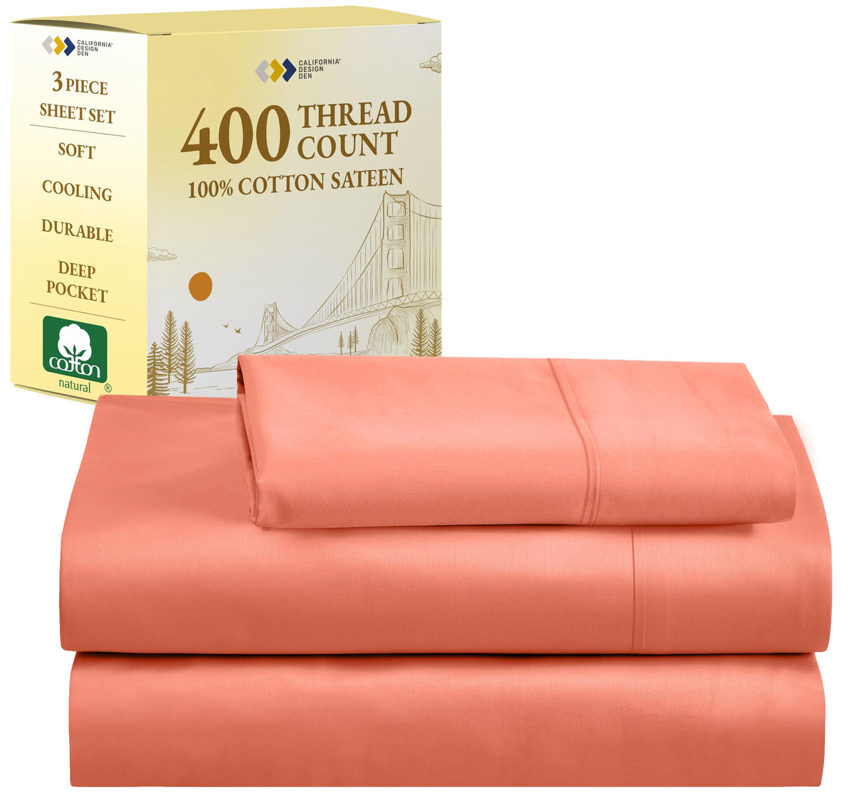 California Design Den Soft 100% Cotton Sateen Queen Bed Sheets Set, White