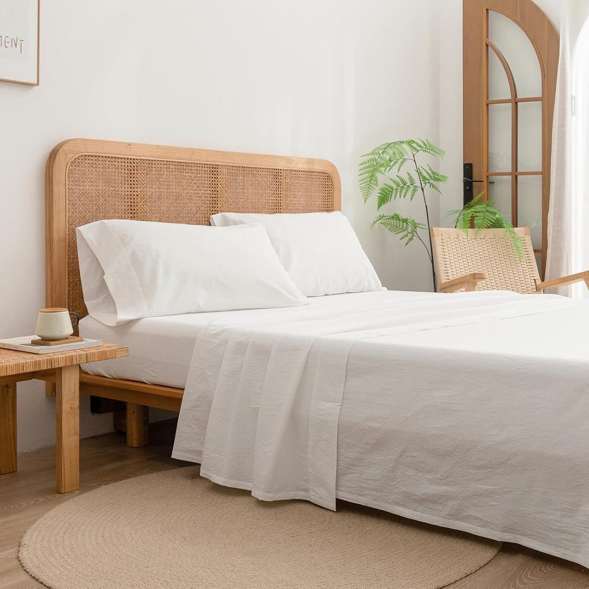 BESTOUCH Queen Flat Sheet 100% Washed Cotton Linen Feel Off White