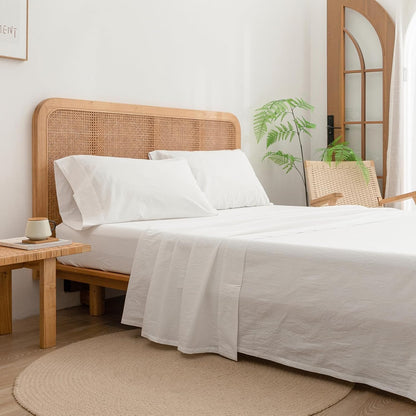 BESTOUCH Queen Flat Sheet 100% Washed Cotton Linen Feel Off White