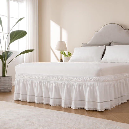 MIYE Wrap Around Ruffled Lace Bed Skirt, Elastic Dust Ruffle with Adjustable Belts, Easy to Put On, Bed Frame Cover, Machine Washable (Floral Lace/White, King/Queen-15 Drop)