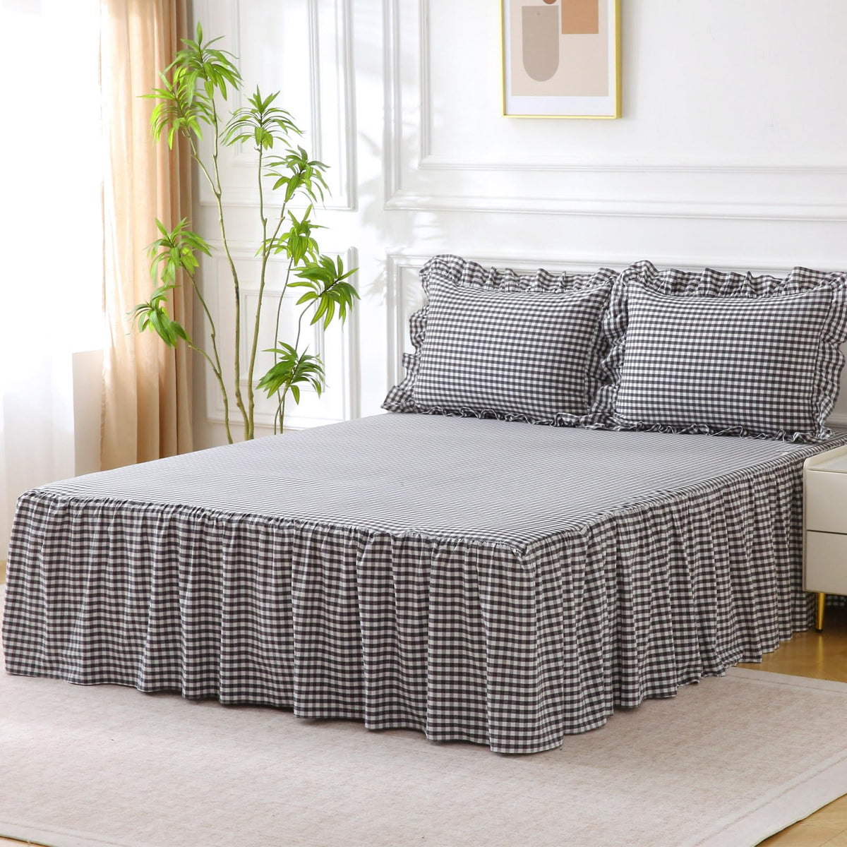 Silnuo Taupe/White Plaid Bed Skirt Gingham Dust Ruffle Queen Size 18"
