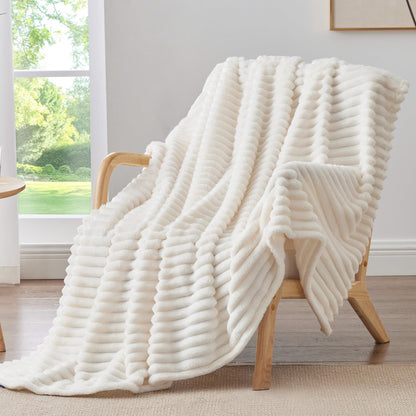 BEDELITE Ribbed Fleece Throw Blanket for Couch, Cream, 50"x60"