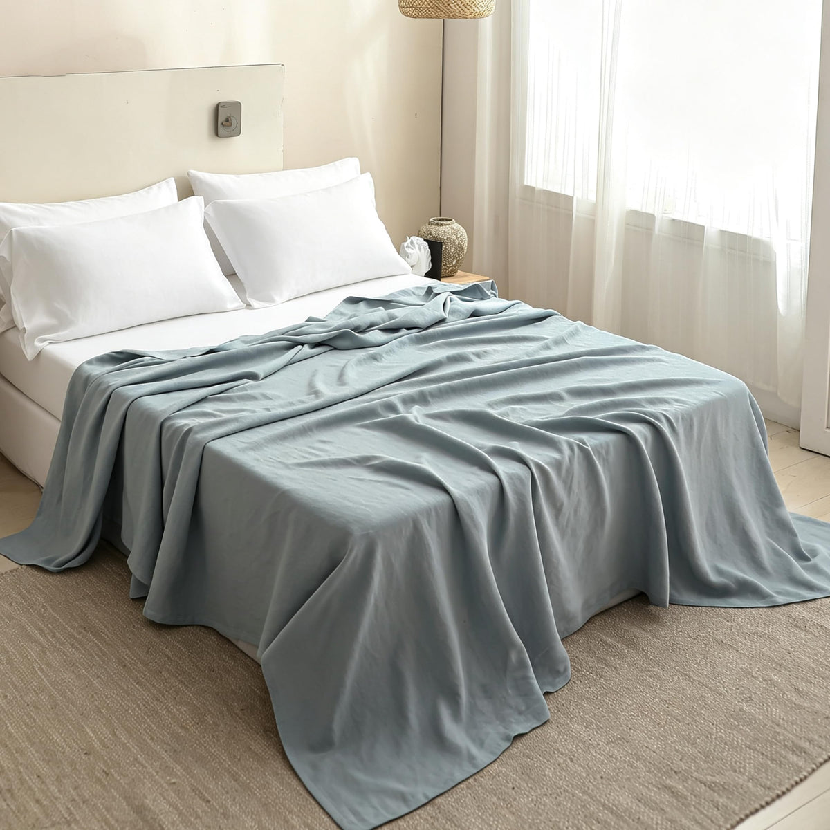Simple&Opulence French Linen Flat Sheet with Embroidered Border-100% Stone Washed Flax Bedding,King Size(108''x102'') Ultra Soft,Breathable Flat Top Sheet-1 Piece Bed Flat Sheet Only(Linen)