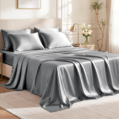 Love's cabin Satin Queen Sheets Set, 4 Pieces, Pink, 15" Deep Pocket
