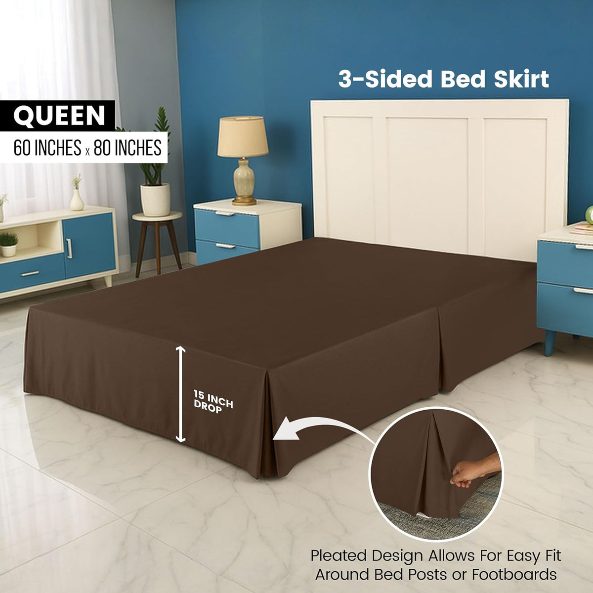 Queen Size Pleated Bed Skirt, Hides Under-Bed Storage 16 Inch Drop, Brown