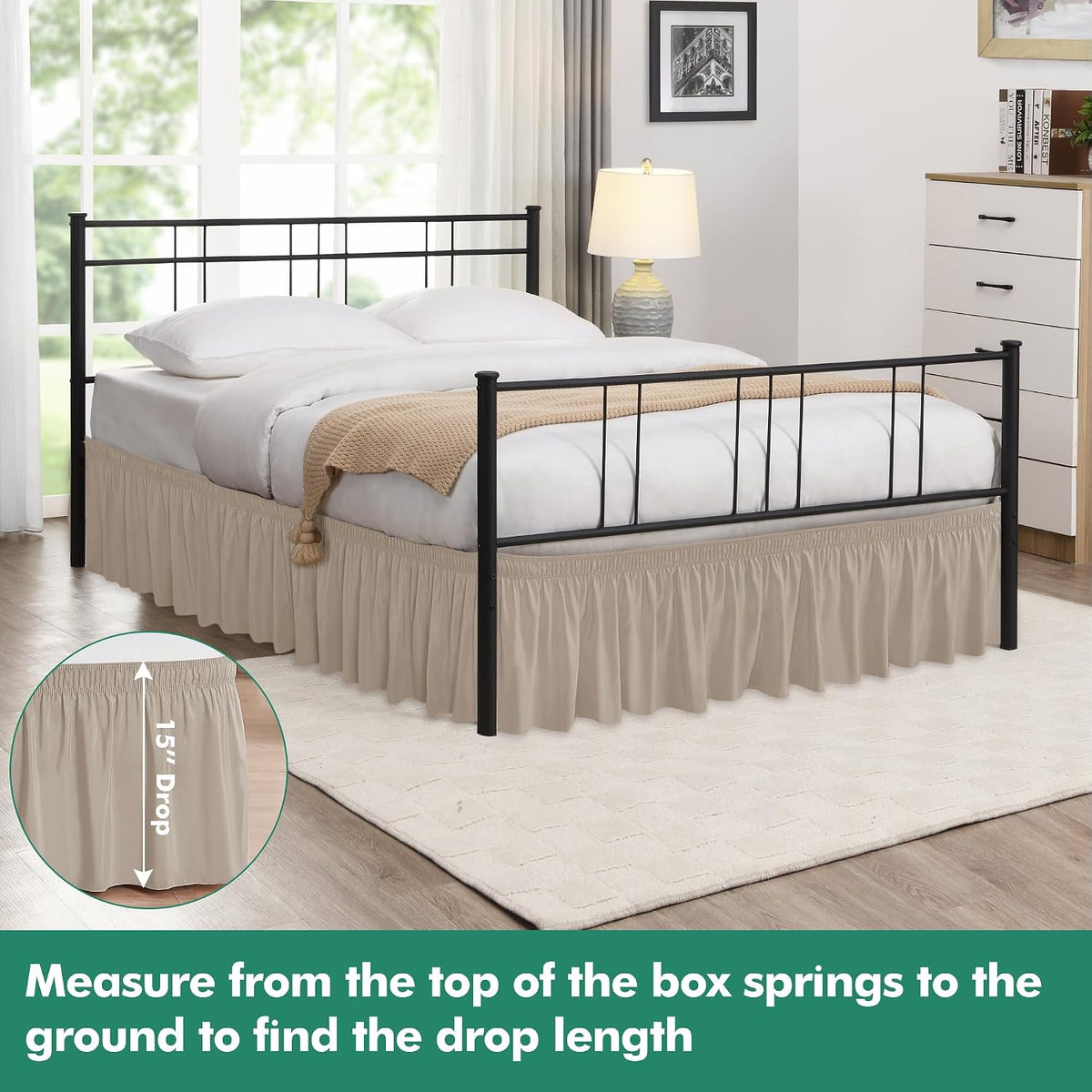 Wrap Around Queen Size Bed Skirt Split Corner 15" Drop-Elastic Dust Ruffle