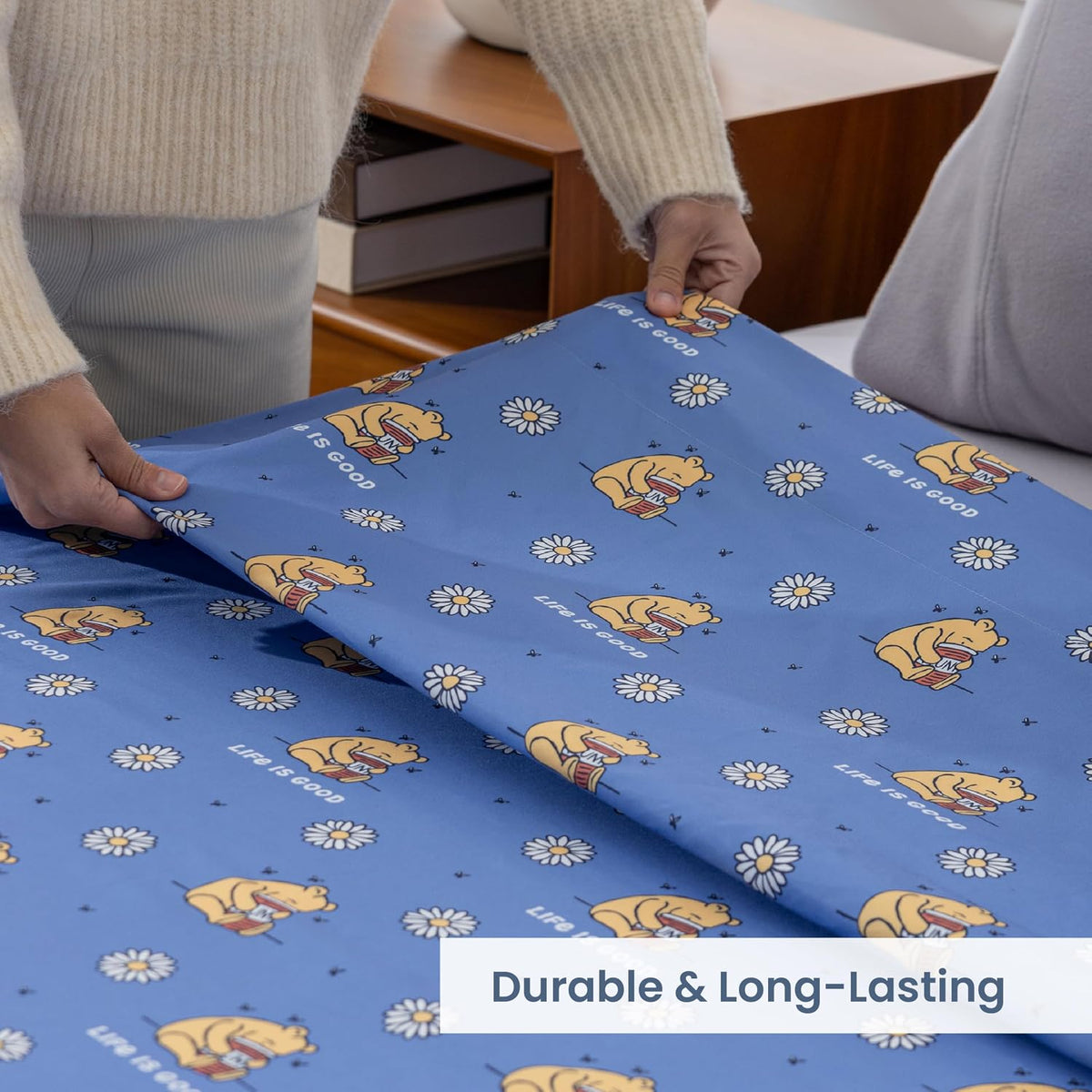 Berkshire LIG® King Flat Sheet (Only), Brushed Microfiber Sheet with Cute Cartoon Characters, Soft, Breathable, Easy-Care Bedding for LIG Fans, Spring Hunny Small Cornflower Blue