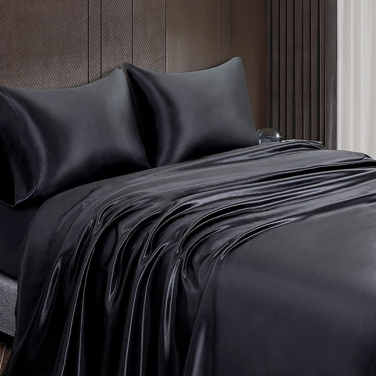 Homiest Black Satin Flat Sheet, Full Silky Bed Top Sheet Only