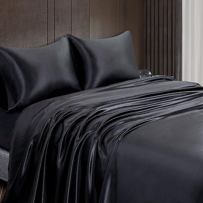 Homiest Black Satin Flat Sheet, Full Silky Bed Top Sheet Only