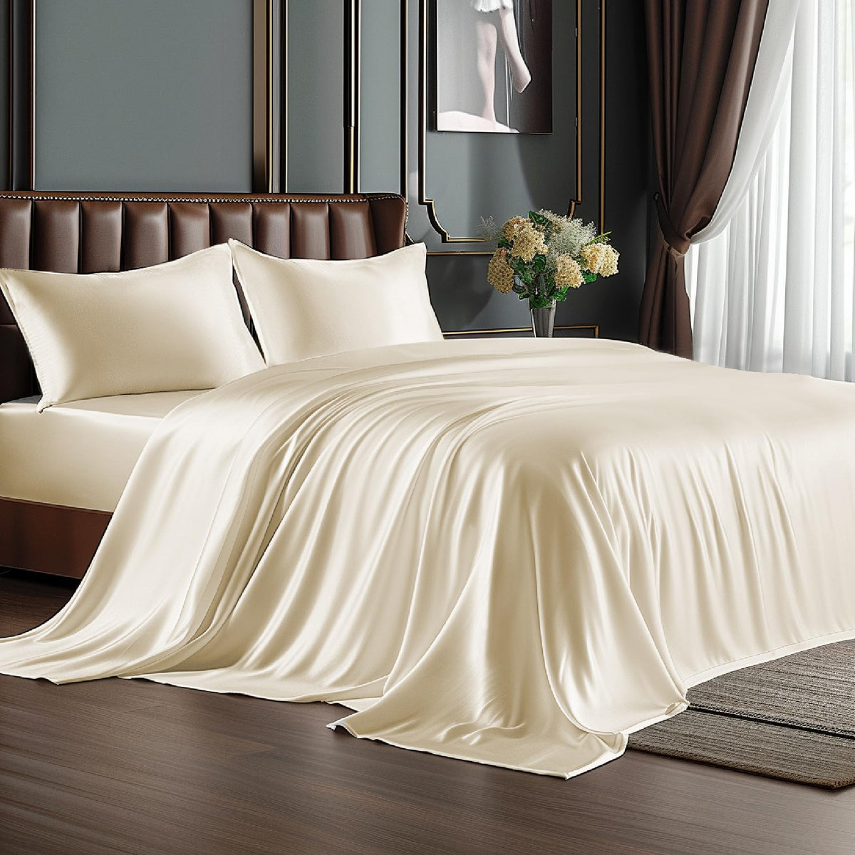 BEDELITE Satin Sheets Queen Size Bed Set, Black, 4 Pieces
