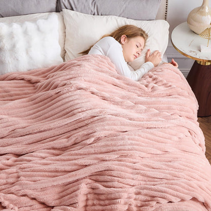 NEWCOSPLAY Fleece Ribbed Cozy Throw Blanket for Couch, Pink, 50"x60"