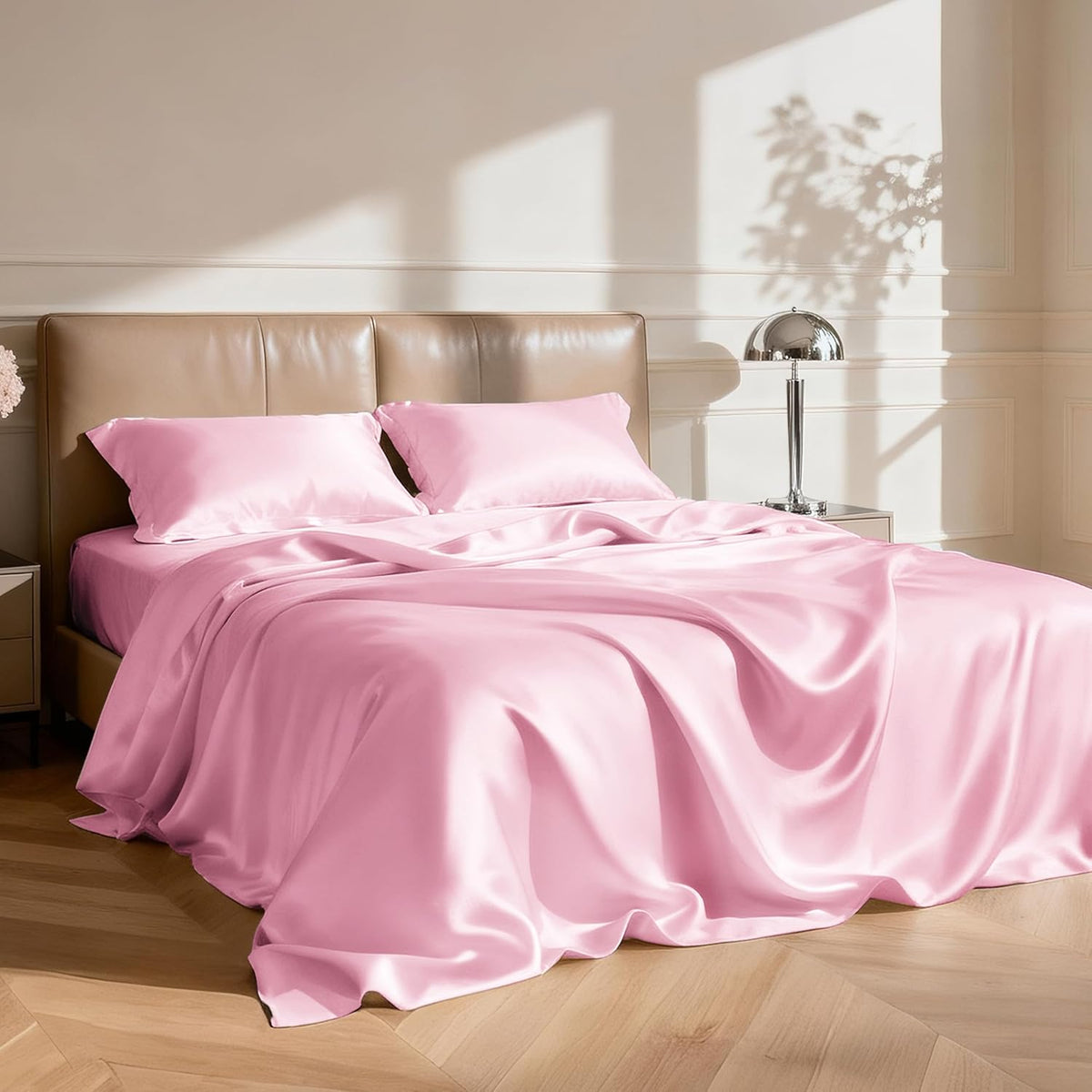 Love's cabin Satin Queen Sheets Set, 4 Pieces, Pink, 15" Deep Pocket