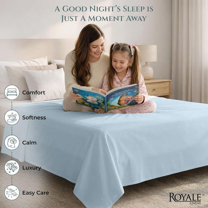 Royale Linens Queen Flat Sheet Only, Luxury Breathable Sateen Weave 100% Cotton Flat Sheets, Ultra Soft Single Flat Sheets Only Sold Separately, Cooling Top Sheet (Caribbean Blue-90x102)