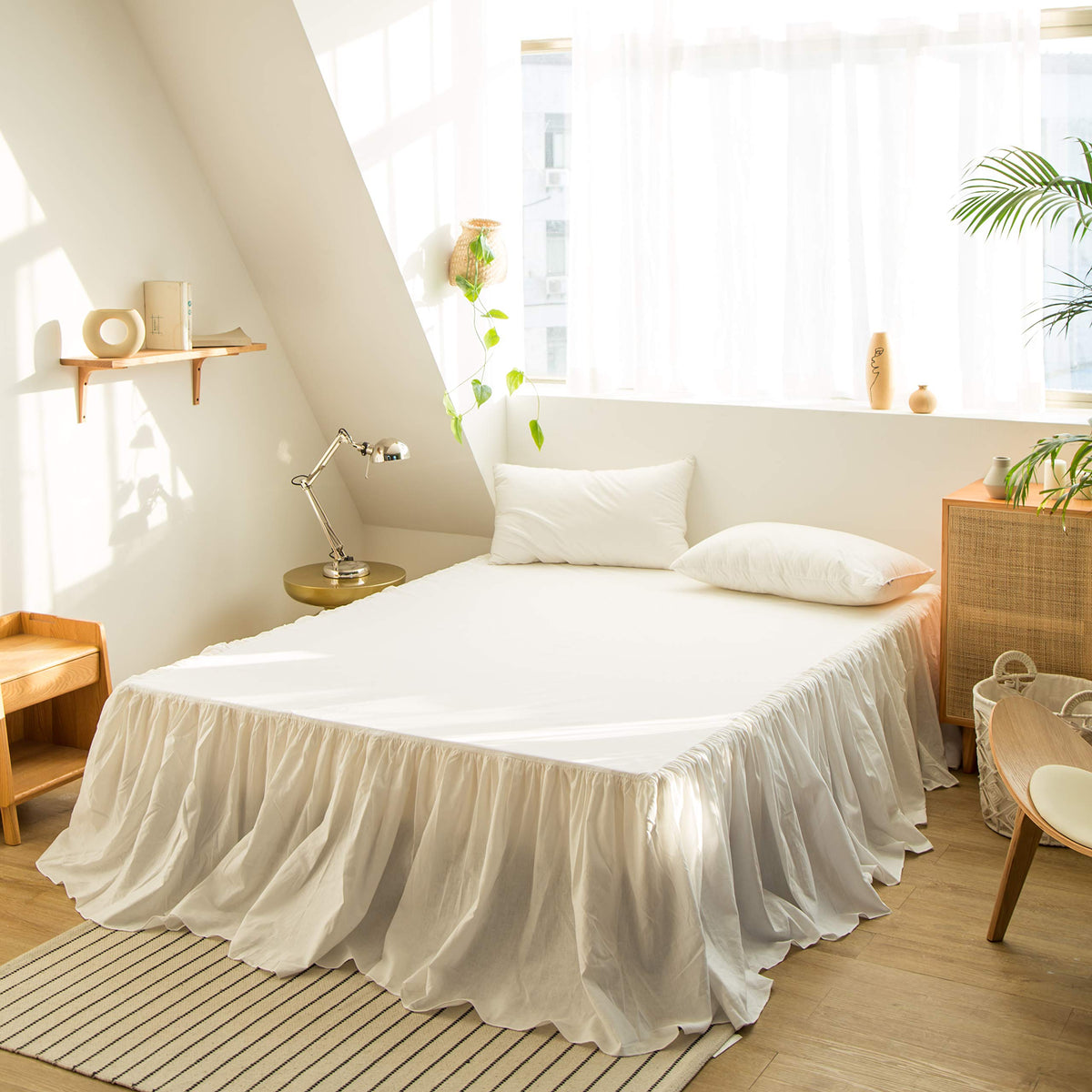 Simple&Opulence Belgian Linen Bed Skirt with Classic 14 inch Tailored Drop Dust Ruffle, Easy Fit Breathable Premium Natural Flax- Basic Linen, Queen