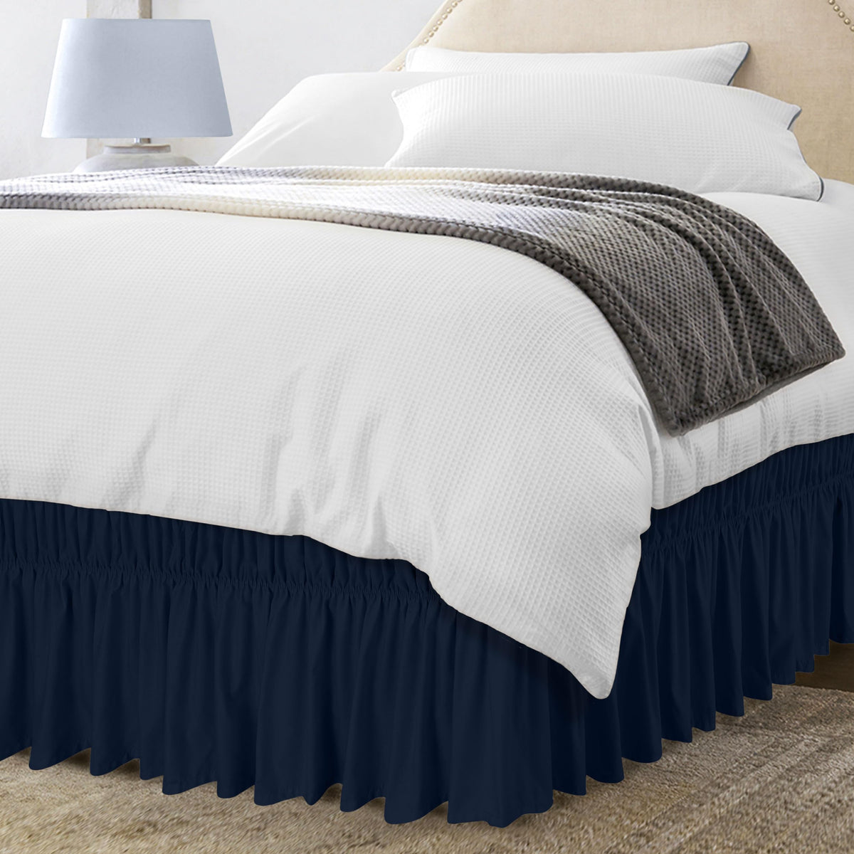 Wrap Around Queen Bed Skirt, Easy Fit Elastic Belt, 16 Inch Drop, White
