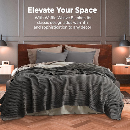 100% Cotton Blankets for Bed - Waffle Weave Blankets for Summer, Lightweight and Breathable Soft Woven Blanket for Spring (Dark Grey, Queen (90" x 90"))
