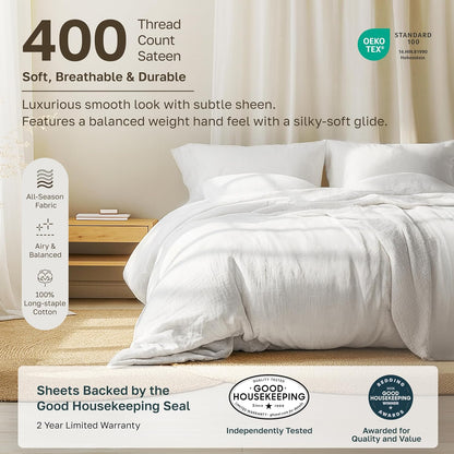 California Design Den Soft 100% Cotton Sateen Queen Bed Sheets Set, White