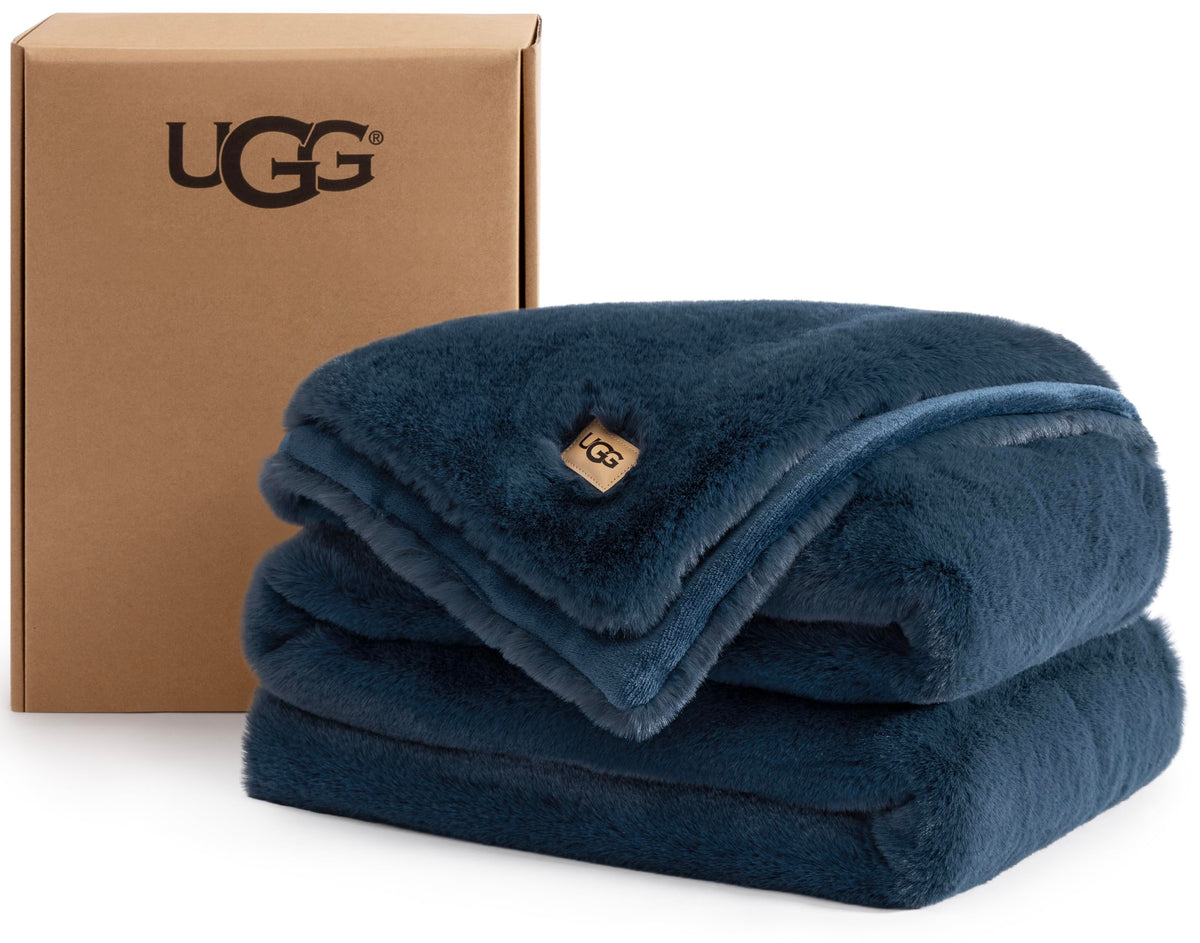 UGG Euphoria Throw Blanket, Plush Faux Fur Blanket, 50" x 70", Grey Blue