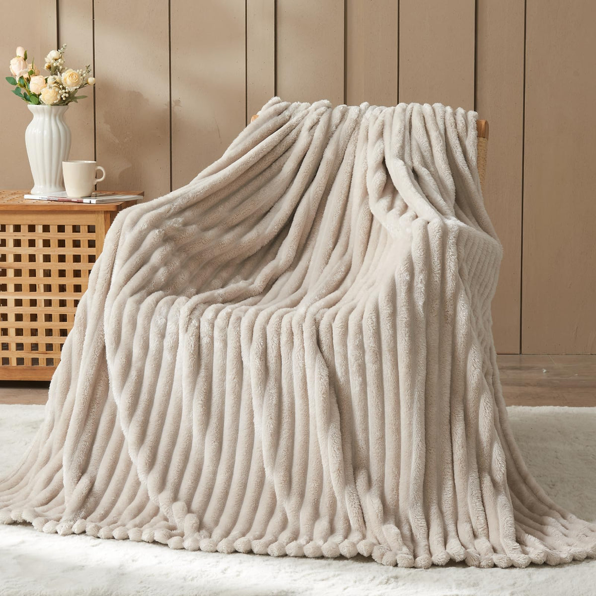 NEWCOSPLAY Fleece Ribbed Cozy Throw Blanket for Couch, Pink, 50"x60"