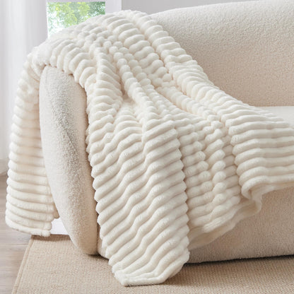 BEDELITE Ribbed Fleece Throw Blanket for Couch, Cream, 50"x60"